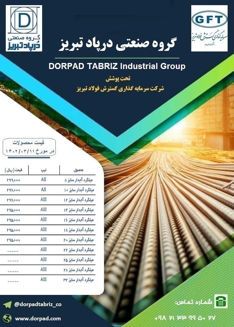 قیمت محصولات گروه صنعتی درپاد تبریز در مورخ 1402/03/11