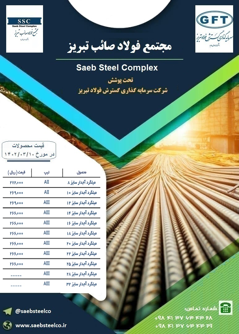 قیمت محصولات  مجتمع فولاد صائب در مورخ 1402/03/10